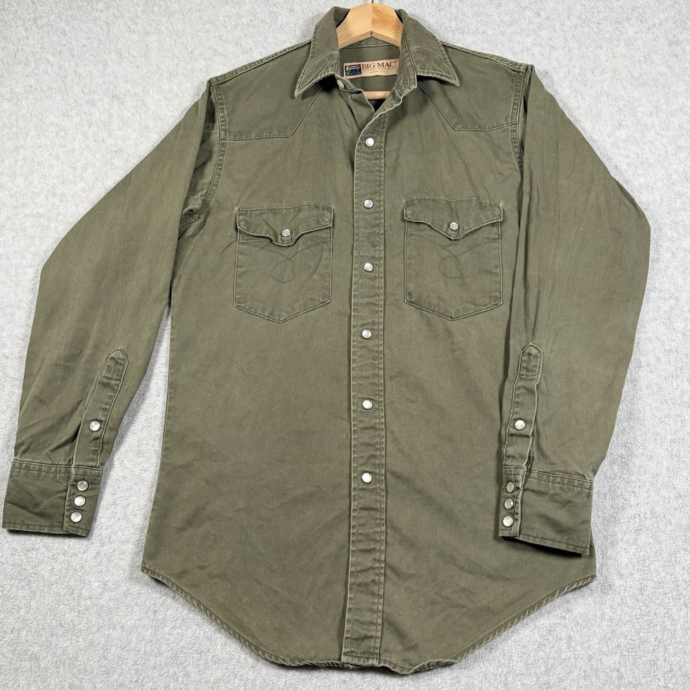 Vintage Big Mac Pearl Snap Shirt Mens Small Green Made In USA Western Workwear